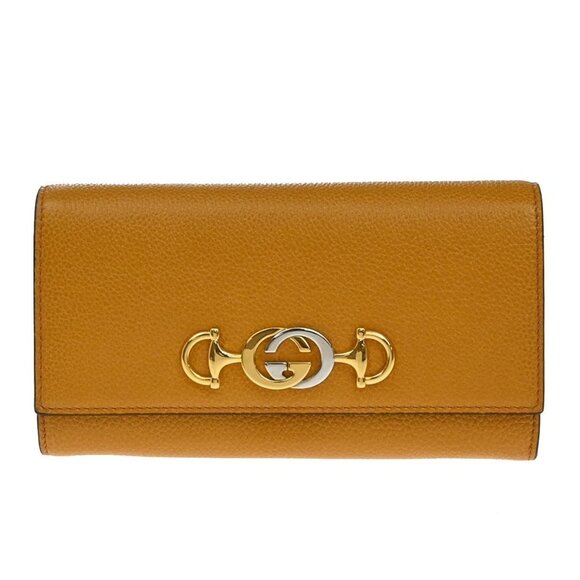 GUCCI GG Logo Horsebit Bifold Long Wallet Leather Yellow Italy 32EF698 - Picture 1 of 15